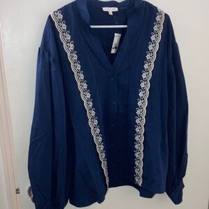 Flying Tomato Navy Blouse with Ivory Accents